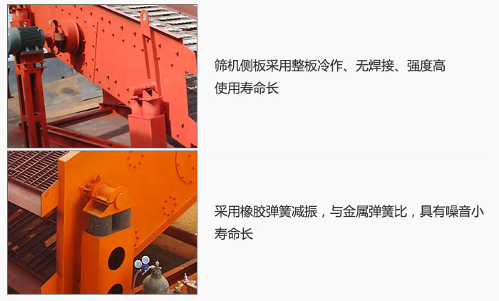 圓振動篩側板采用整板冷作、無焊接、強度高使用壽命長;采用橡膠彈簧減振,與金屬彈簧比,具有噪音小,壽命長